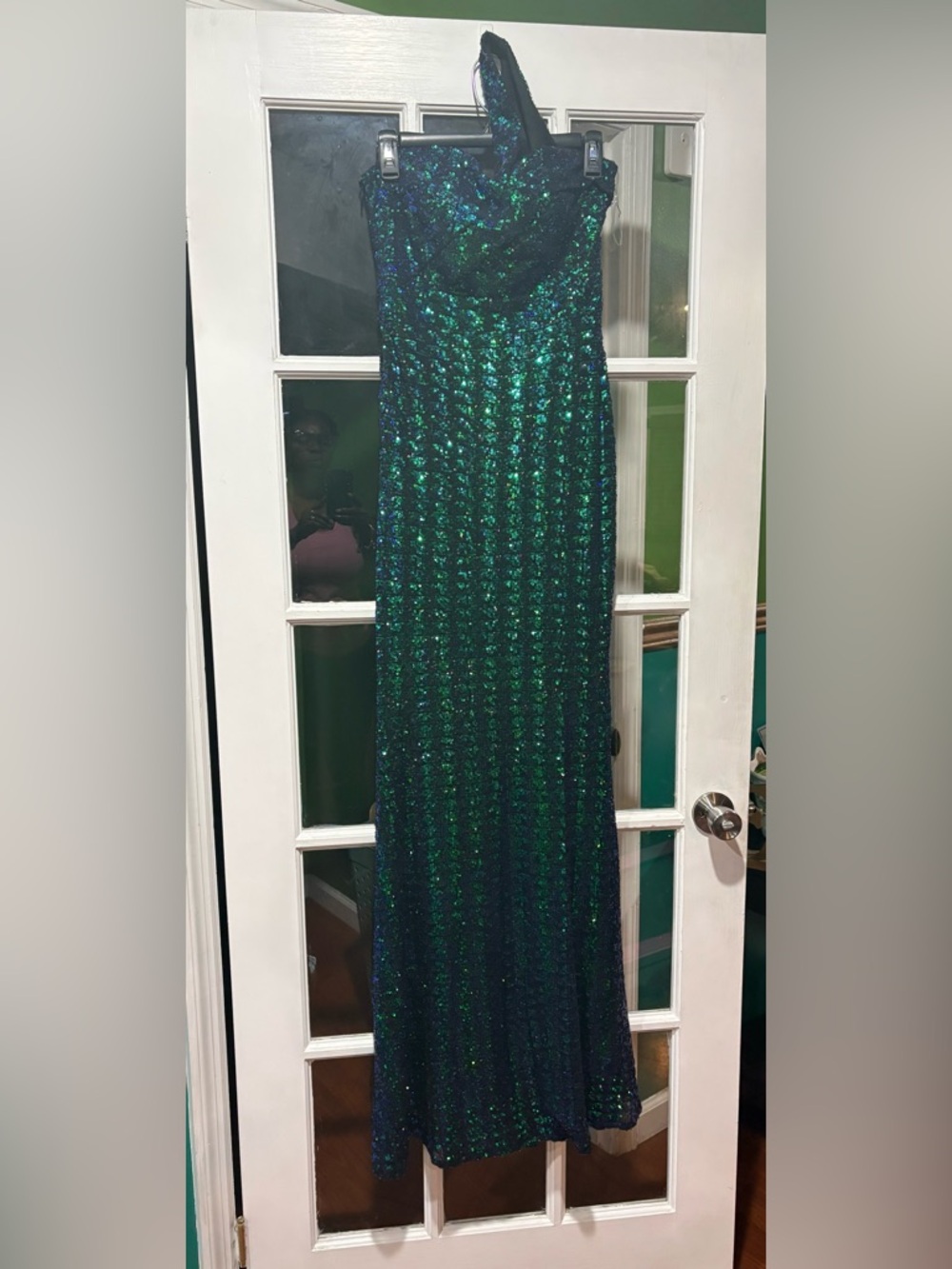 One-Shoulder Emerald & Navy Sequin Gown